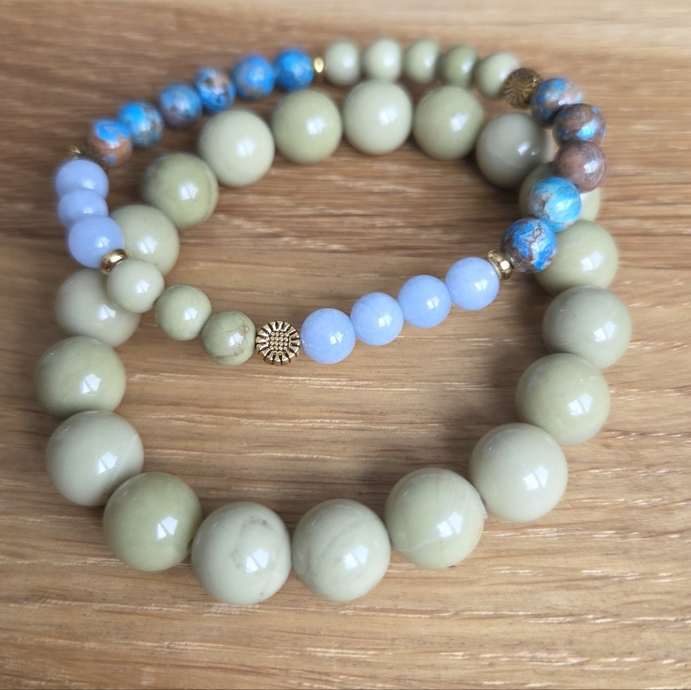 Green Matcha Jasper & Blue Angelite Beads Stretch Bracelet Set, Handcrafted - Picture 11 of 13